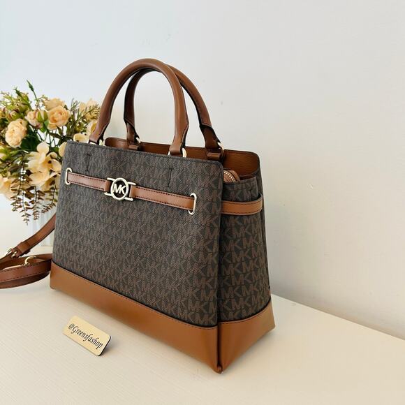 Michael Kors Purse & Wallet Reed Large Logo Belted Satchel Brown MK - Picture 3 of 12